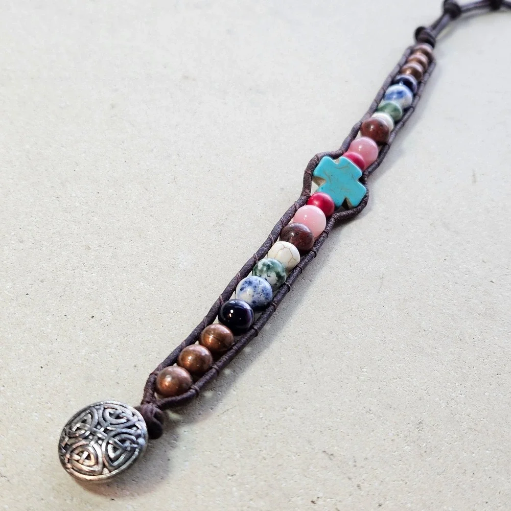 Boho Leather Wrap Bracelet Turquoise Cross Natural Stone‎ Celtic Knot Button